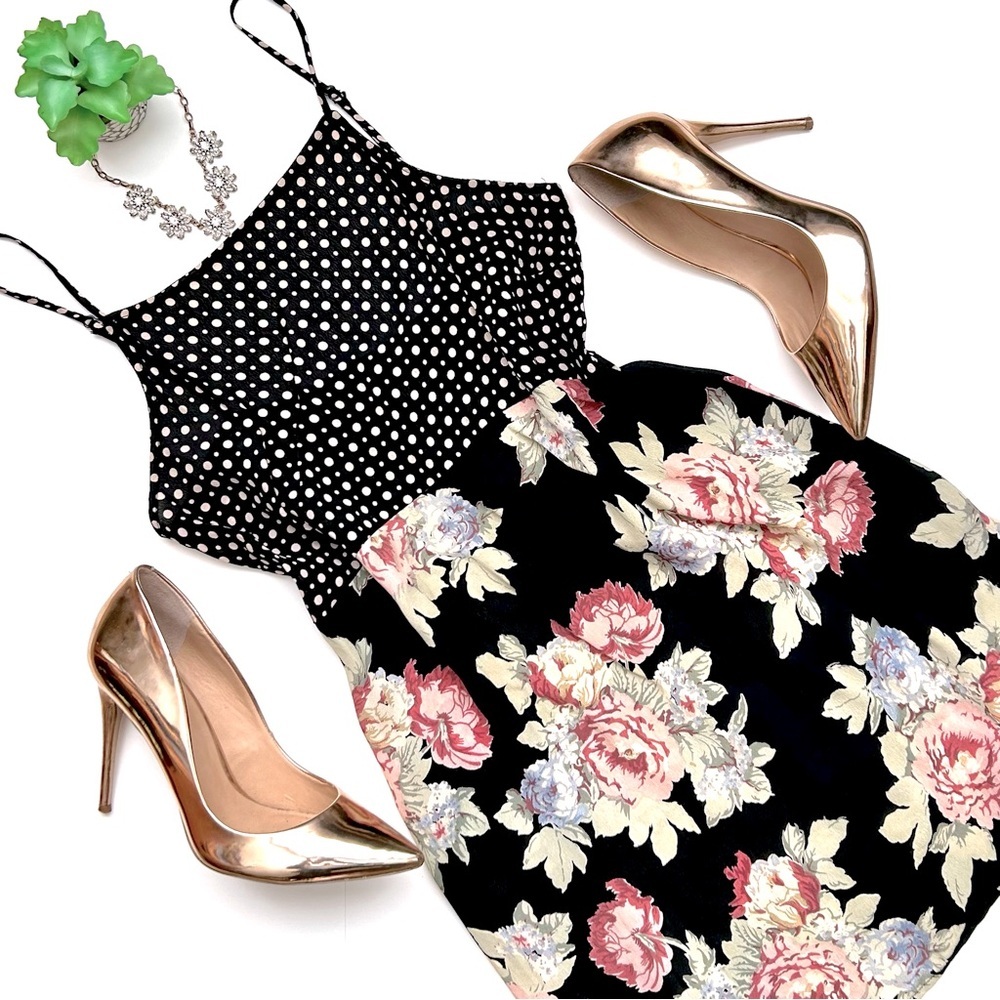 Reformation Black Polka Dot and Floral Mini Dress
